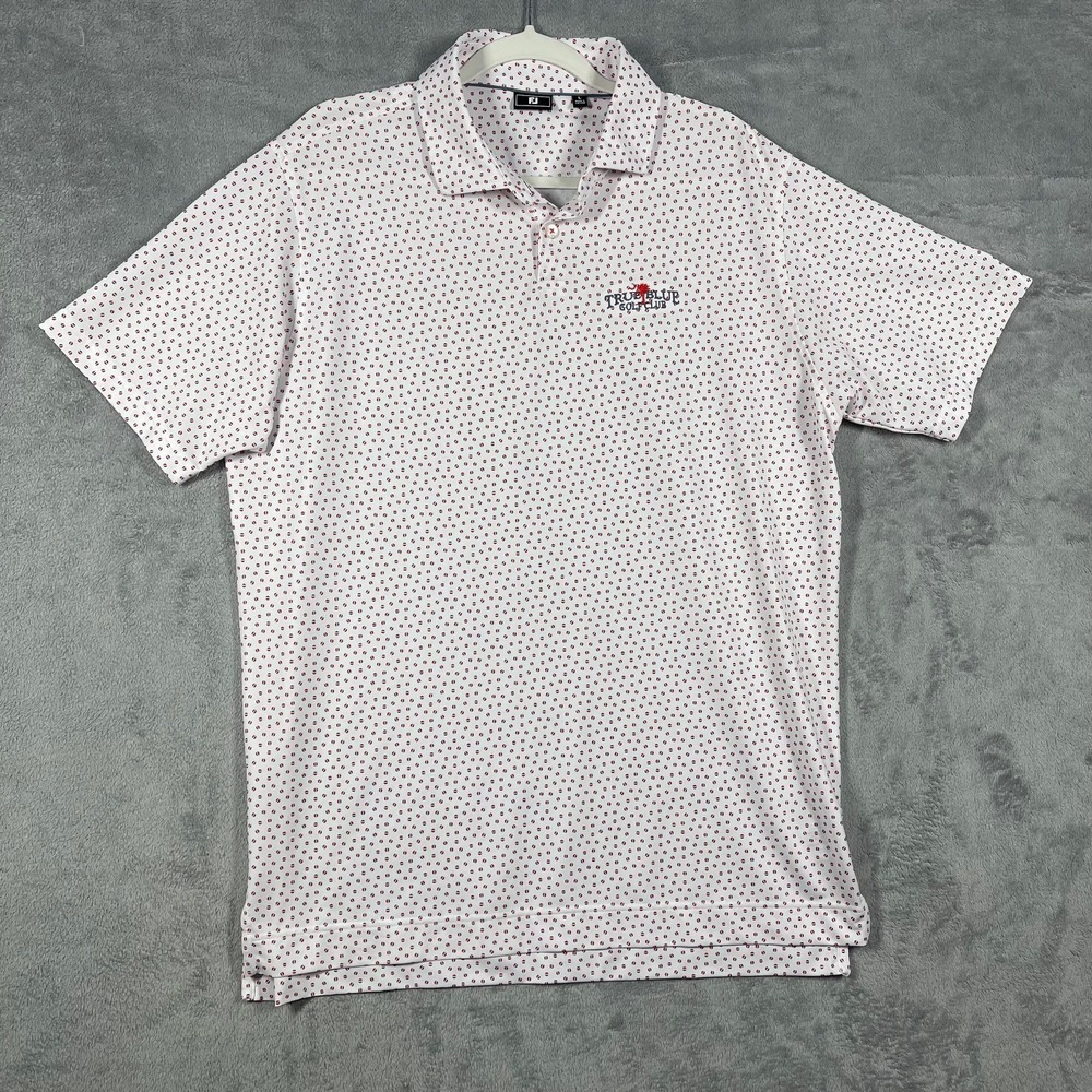 FootJoy Polo Shirt Mens Large White Red Blue AOP True Blue Golf Club FJ Logo